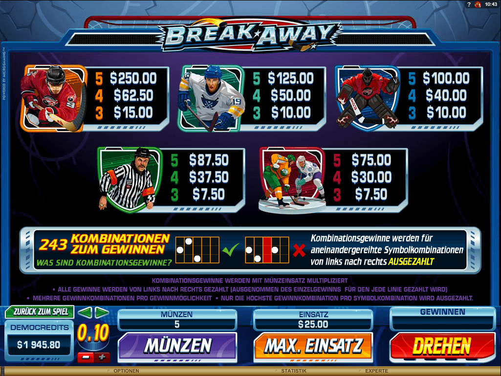 Break Away Paytable